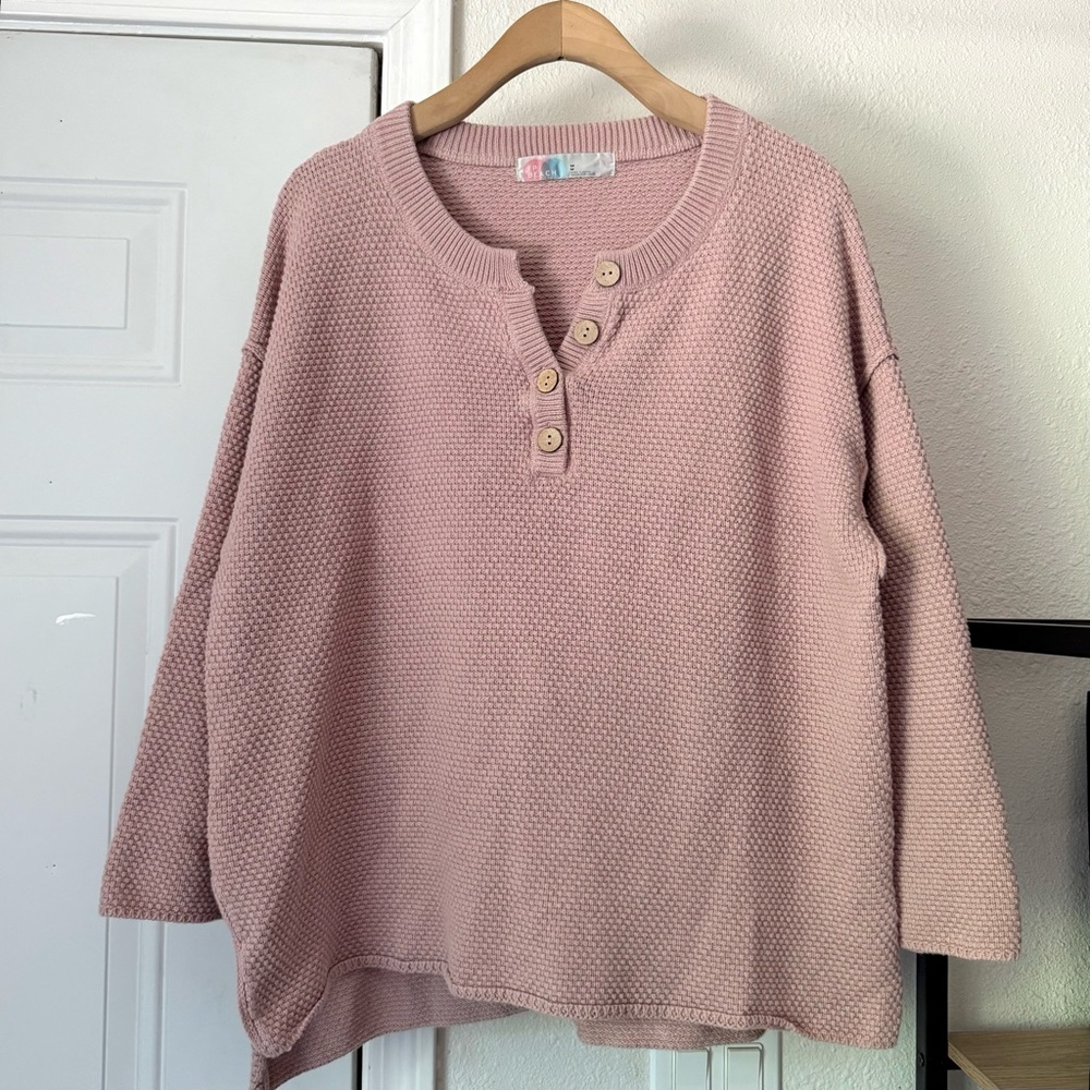 FREE PEOPLE‎ beach pink waffle thermal knit boxy oversized cropped pullover